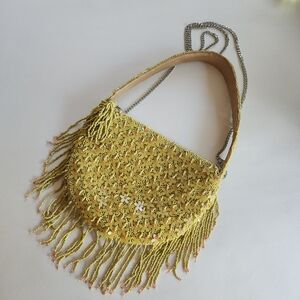Zara Yellow Beaded Fringe Shoulder Bag Women's Evening Handbag